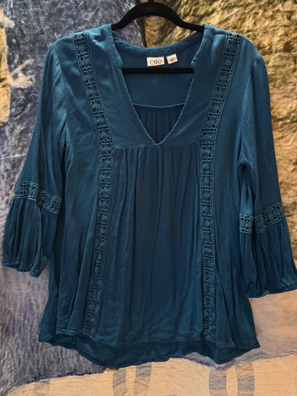 Cato Teal V-Neck Crochet-Trim Boho Blouse